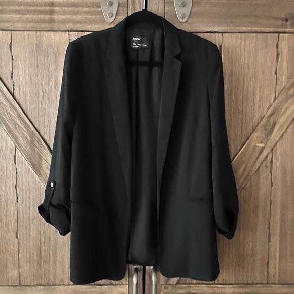 Bershka Double Breasted Black Blazer w/ Ruched 3/4 Length Sleeves Size Large - Picture 2 of 8
